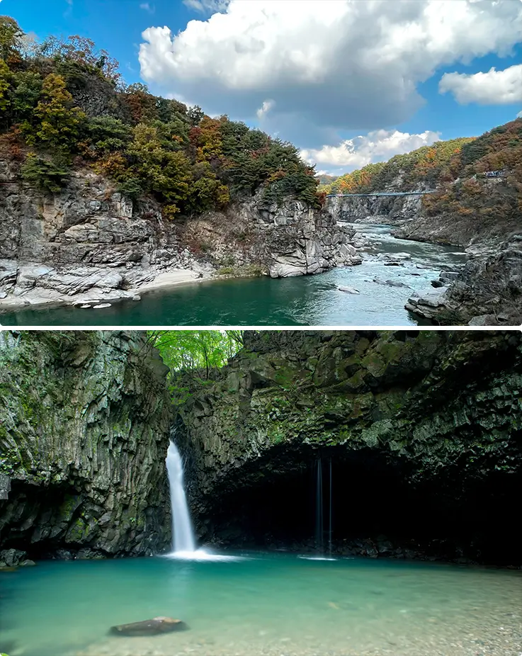 Beautiful scenery and Bidulginang Waterfall at Hantangang River UNESCO Geopark in Pocheon