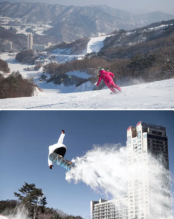 Skier and snowboarder enjoy fresh powder on the slopes of Phoenix Park.