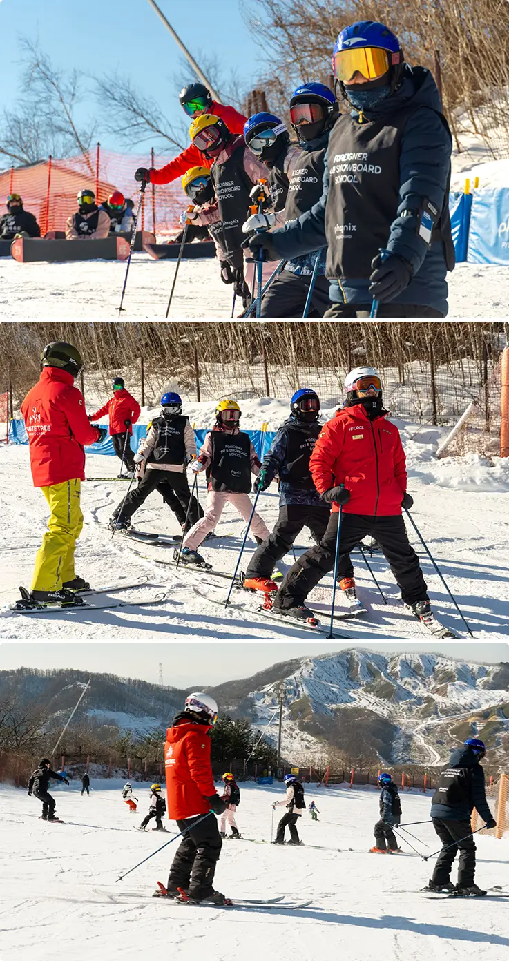 Beginners take a ski lesson with instructors at Phoenix Park Ski Resort.