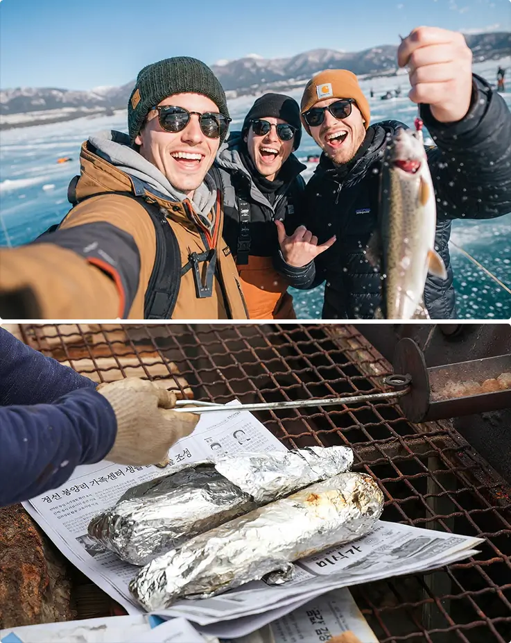 Friends celebrate their catch before grilling fresh trout over an open fire.