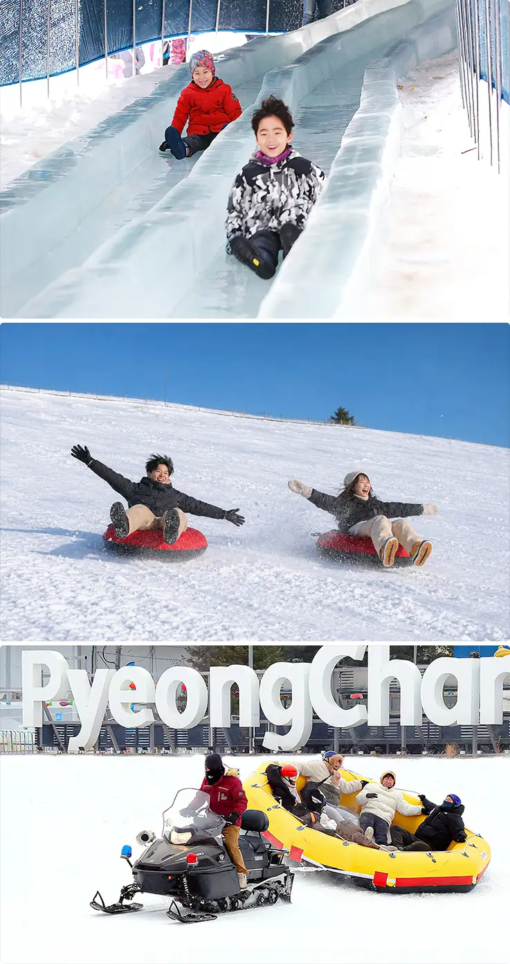 Families enjoy snow sledding, tubing, and rafting across Pyeongchang's snowy festival grounds.