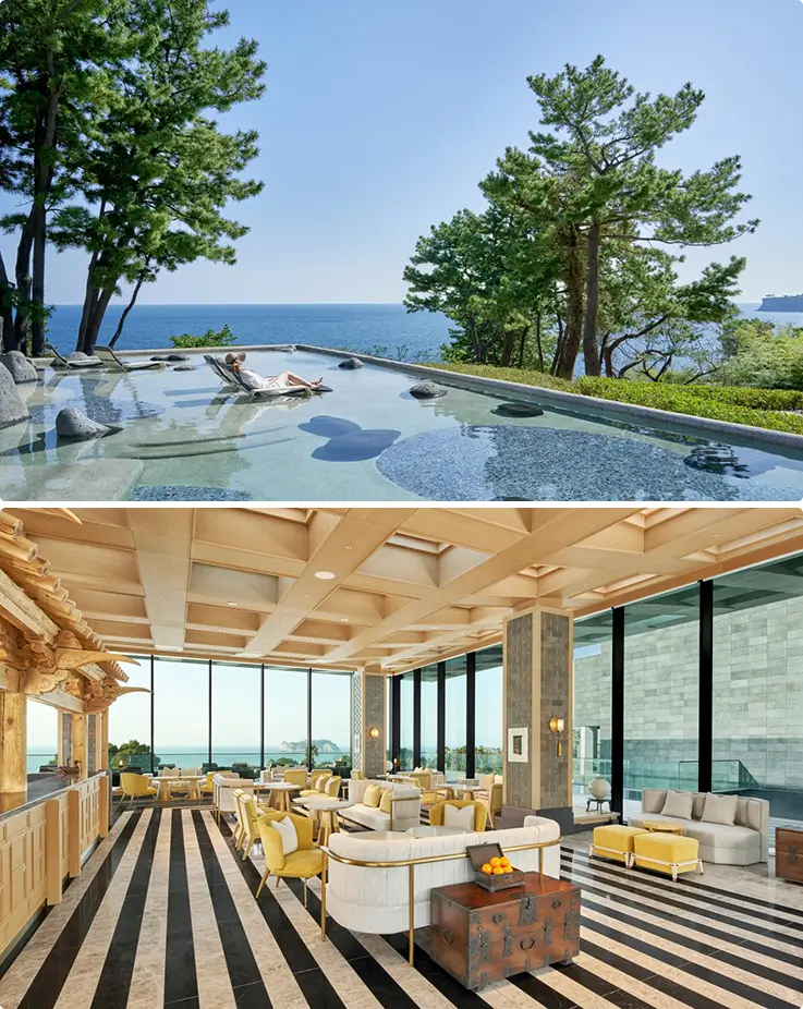 Infinity pool and elegant lounge showcase JW Marriott Jeju's oceanfront design and views.