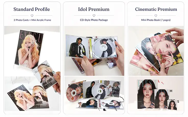 Photo goods showcase: acrylic frame, CD-style photo album, and mini photo book options.
