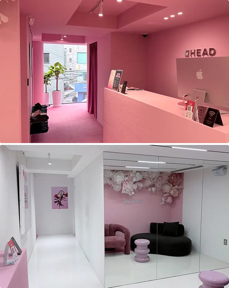 Stylish pink-toned reception and waiting area welcome every head spa guest.