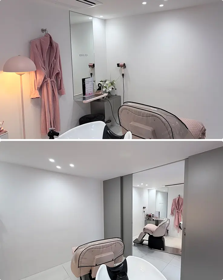 Private, minimalist treatment room offers a relaxing, luxurious head spa setting.