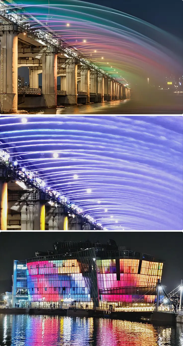 Banpodaegyo Bridge Moonlight Rainbow Fountain Show and Sebitseom Island at Banpo Hangang River Park at night in Seoul