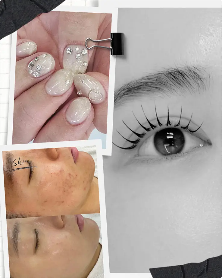 Korean nail art with crystals, LED lash extensions, and skin care before-and-after at Hongdae beauty studio.