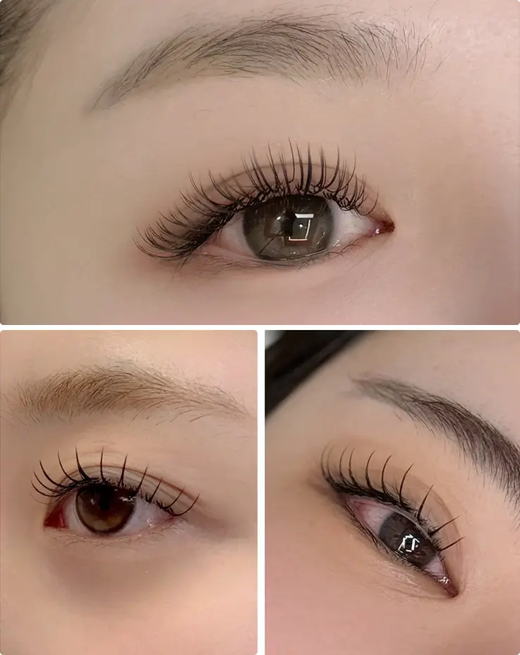 Natural-looking Korean LED lash extensions with lifted curl and defined volume for bigger eyes.