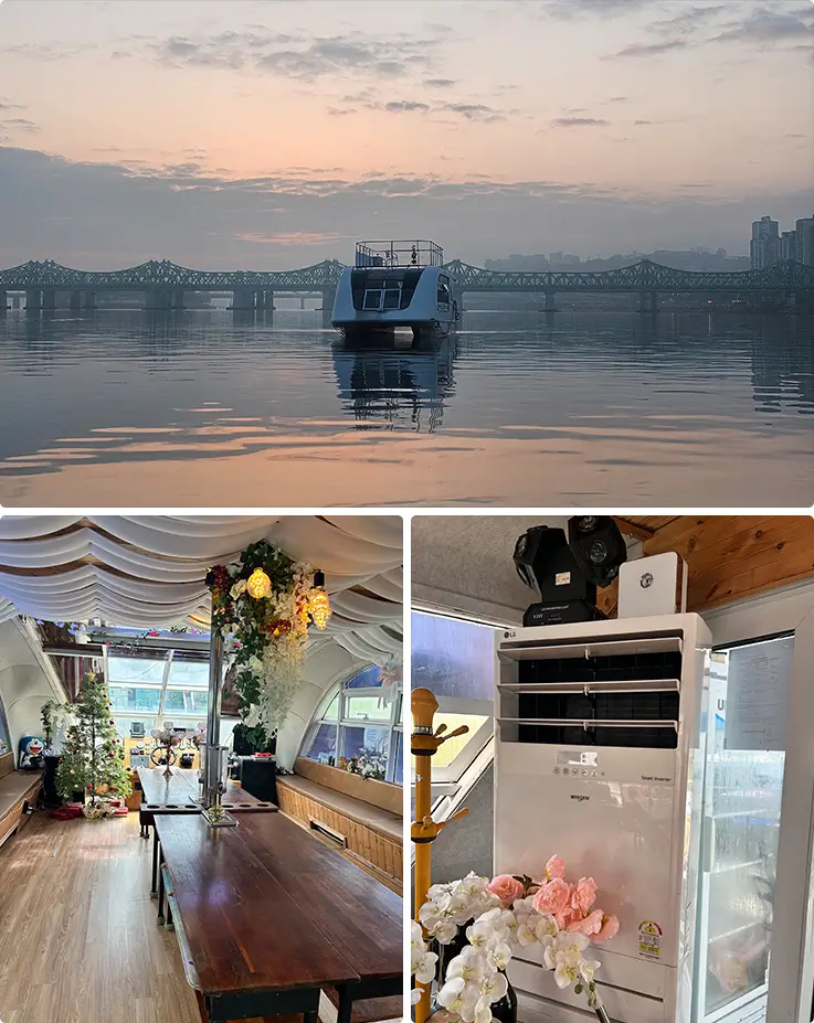 Elegant event boat gliding on the Han River at dawn, with a beautifully decorated floral interior and onboard amenities.