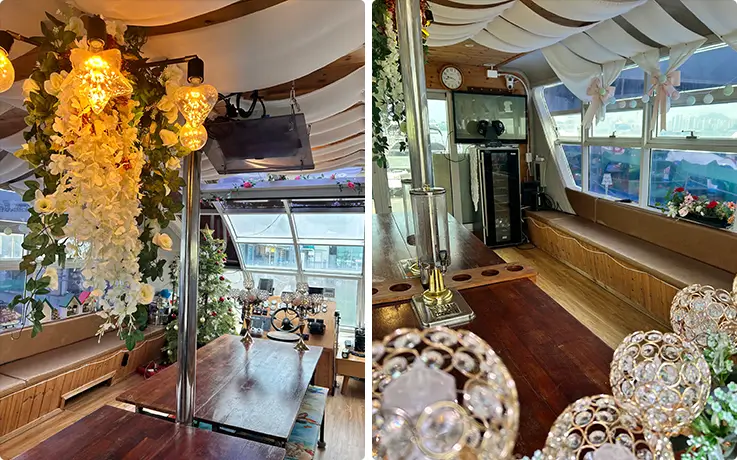 Luxuriously decorated yacht interior featuring floral arrangements, warm mood lighting, long dining table, and a well-equipped bar area.