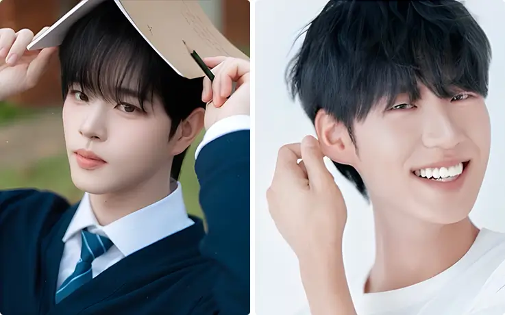 Natural men's makeup and hair styling create a clean, polished everyday look.