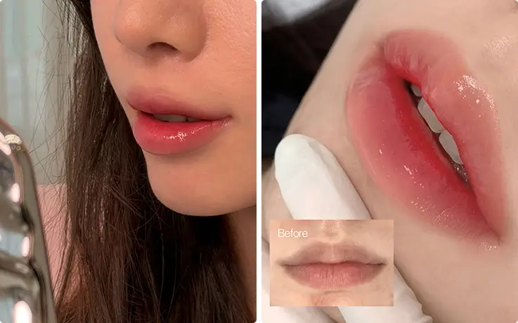 Finished jelly lip tattoo result shown compared with natural lip color beforehand.