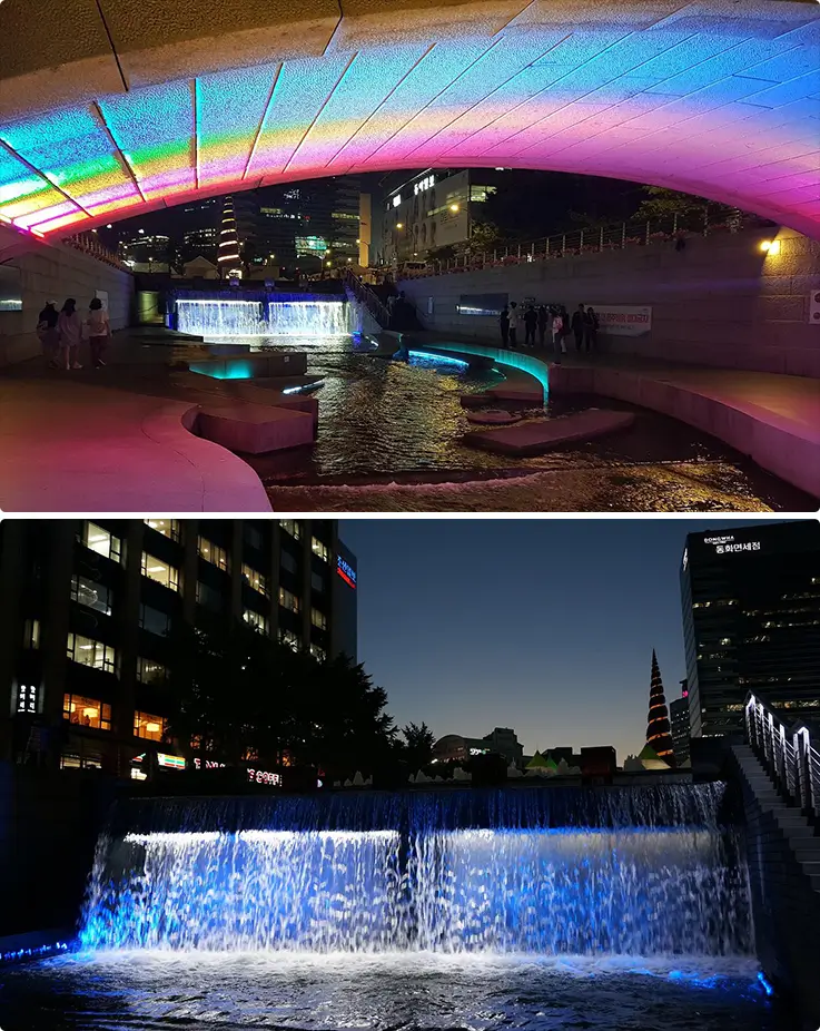 Illuminated Cheonggyecheon Stream at night in Seoul