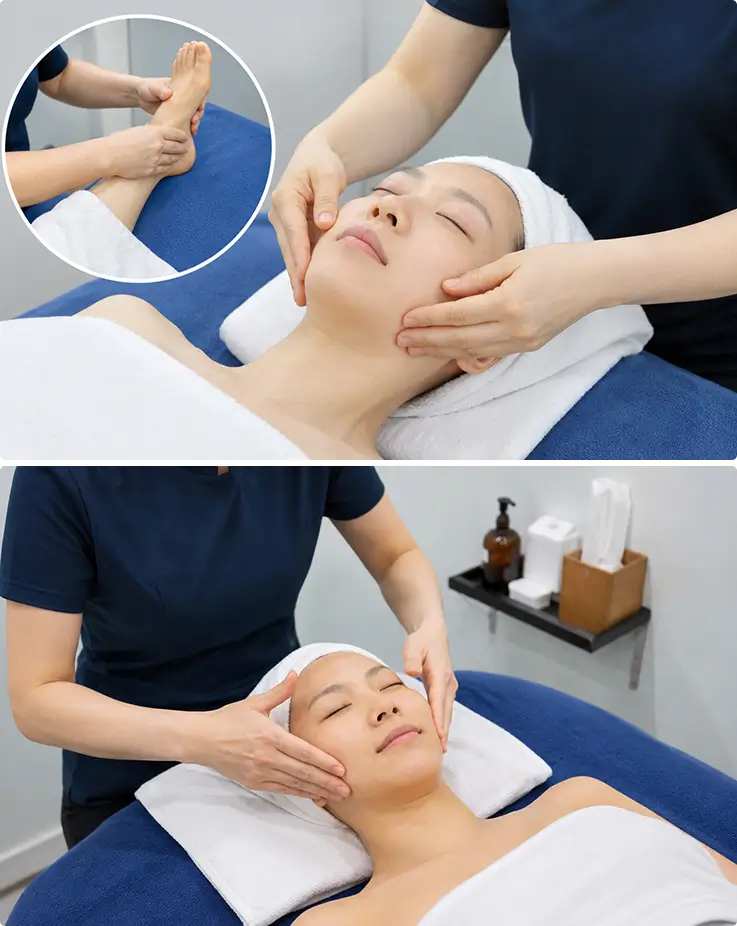Facial contouring massage paired with soothing foot massage for full relaxation.