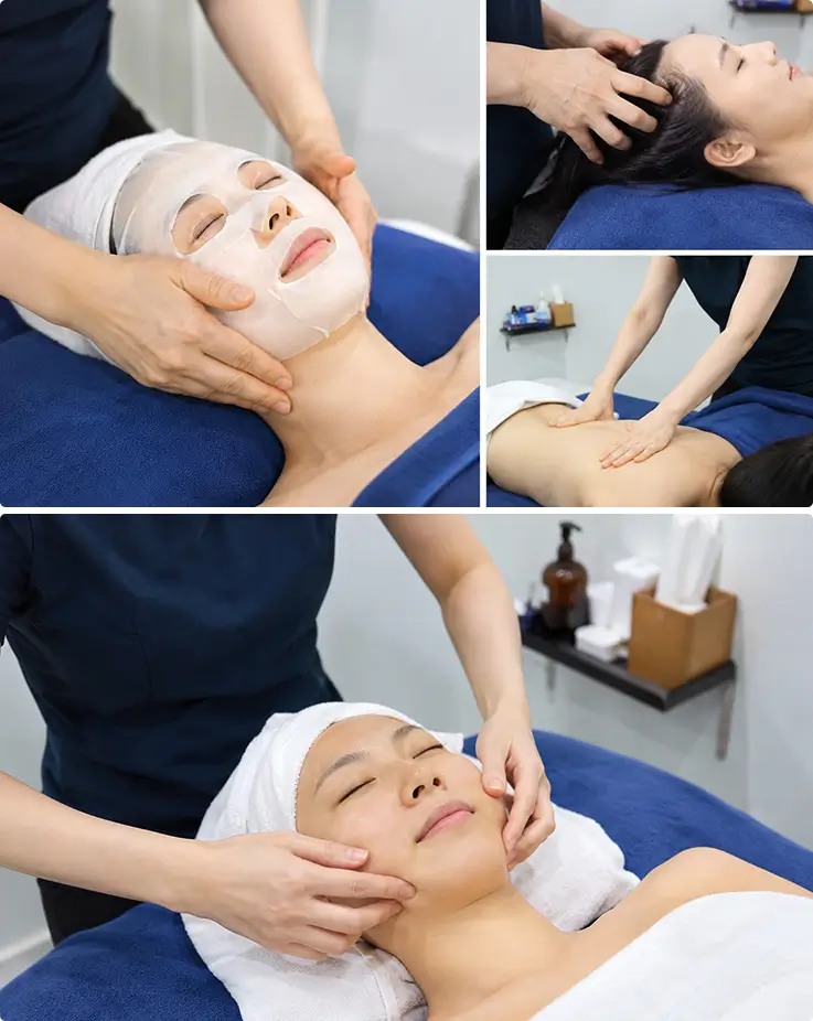 Collagen mask, head massage, and back massage deliver complete rejuvenation care.