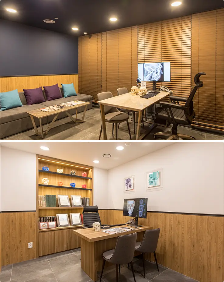 Professional DA Clinic consultation rooms with medical references, anatomical models, and monitors.