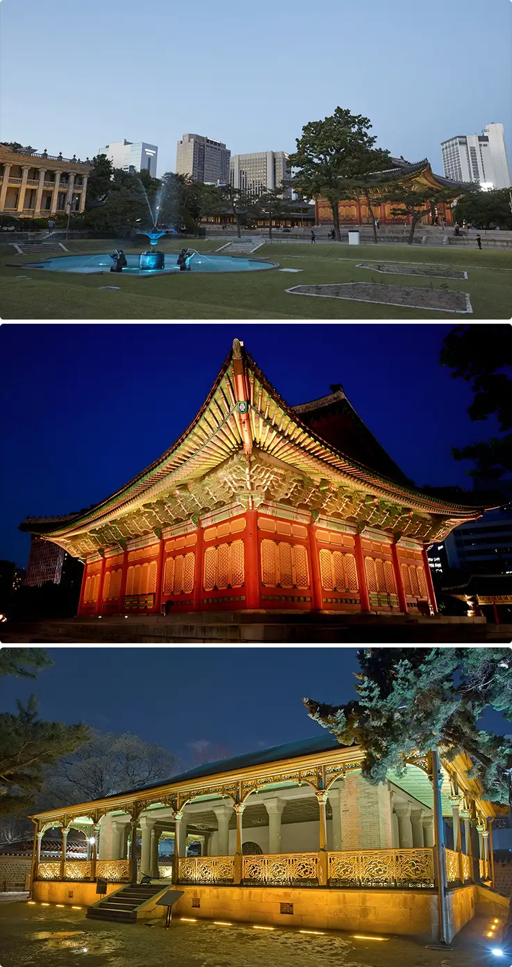 Beautiful architecture at Deoksugung Palace at night in Seoul