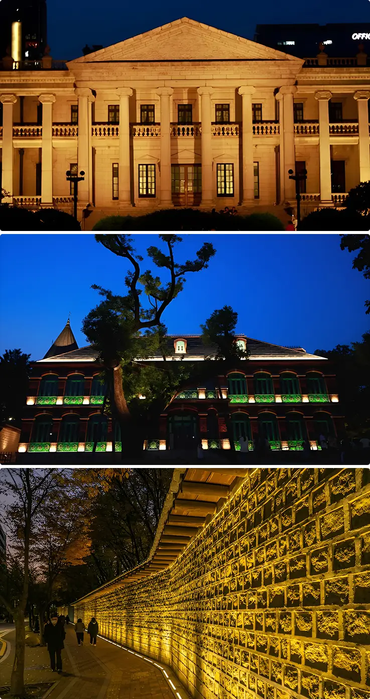 Buildings and Stonewall Walkway illuminated at Deoksugung Palace at night in Seoul