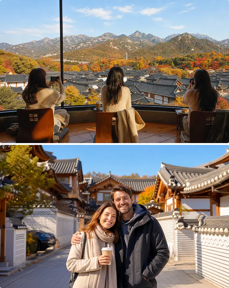秋の韓屋カフェと山の景色、伝統的な路地でコーヒーを楽しむカップル