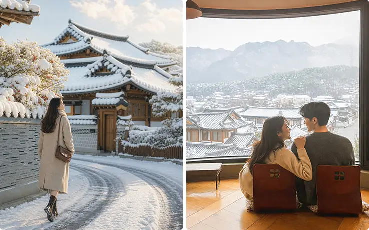 雪景色の韓屋村の散策と、冬の山を望む居心地のよいカフェ