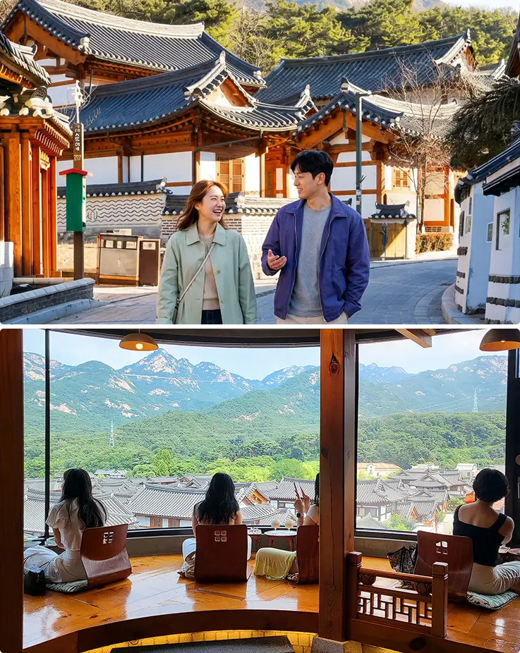 Tourists enjoying scenic views of traditional houses at Seoul Eunpyeong Hanok Village.