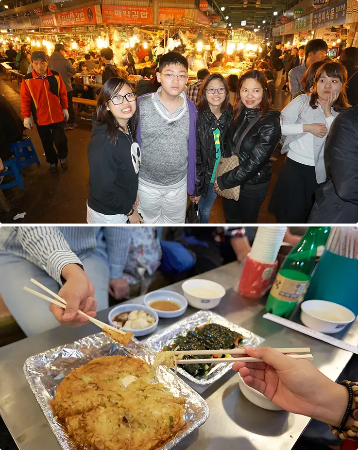 People enjoying vibrant atmosphere and delicious foods at Gwangjang Market in Seoul at night
