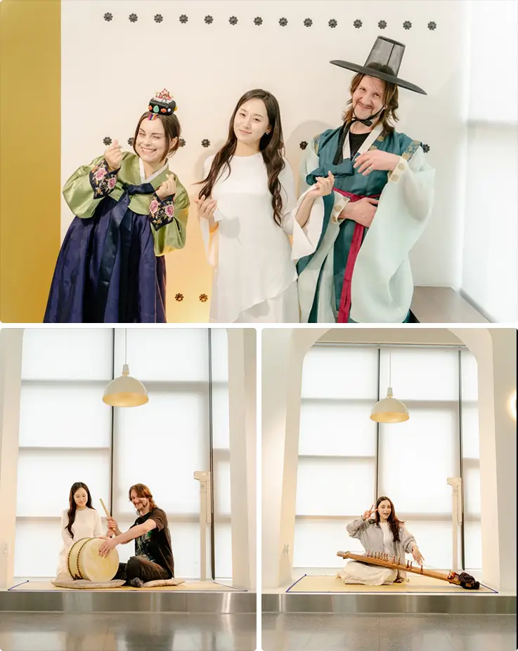 Guests enjoying hanbok dress-up experience with traditional accessories, hands-on buk drumming, and gayageum playing in the White Room.