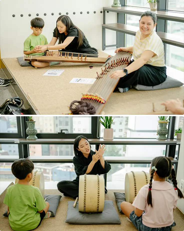 Pengalaman langsung memainkan gayageum dan drum tradisional untuk keluarga di Gwangmudae.