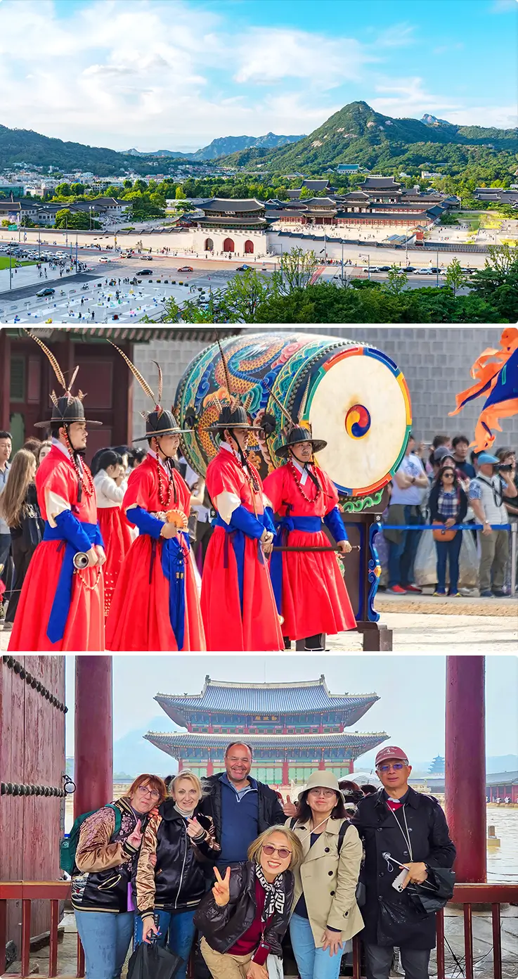 Gyeongbokgung Palace grounds with royal guard ceremony, mountain views, and visitor group photo.