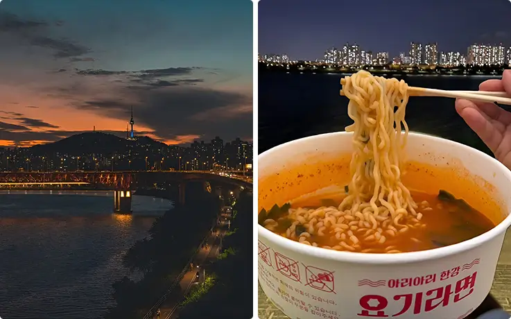Hangang Ramyun dinner at a convenience store with river views at night in Seoul
