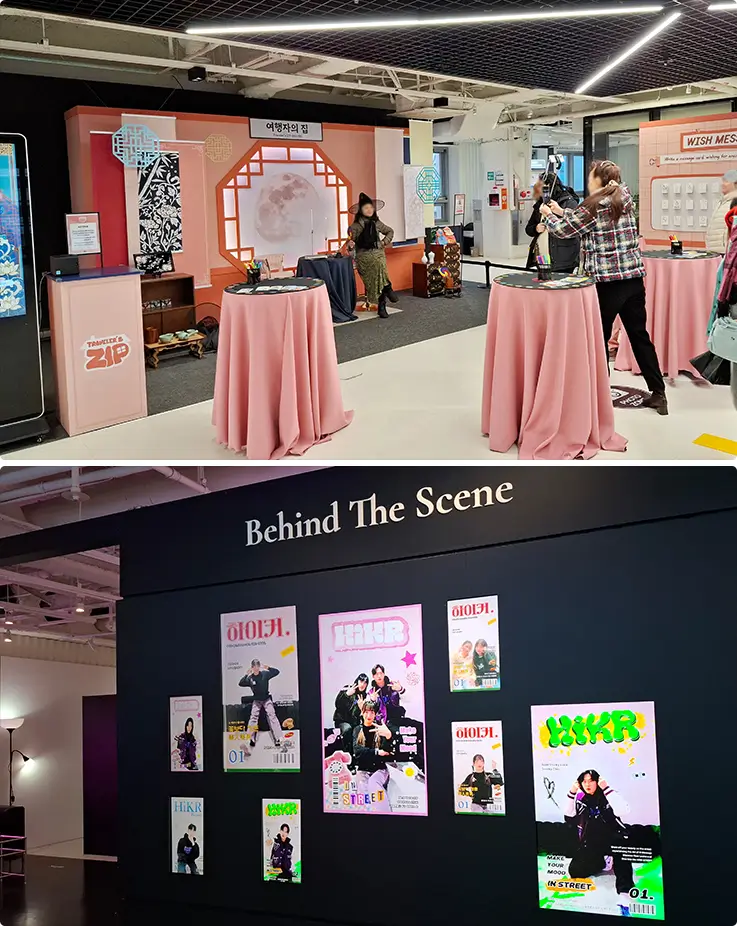 HiKR GROUND's K-POP photo zones and idol behind-the-scenes exhibit displays.