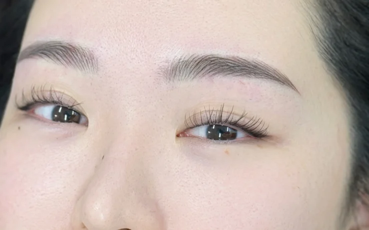 Shaped, defined eyebrows with soft hair strokes after semi-permanent makeup in Seoul.