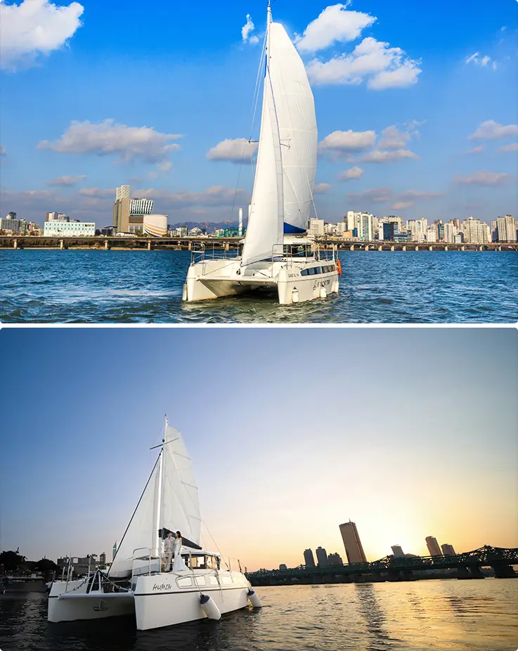 White-sailed catamaran cruising Seoul's Han River by day and at sunset with the city skyline as a stunning backdrop.
