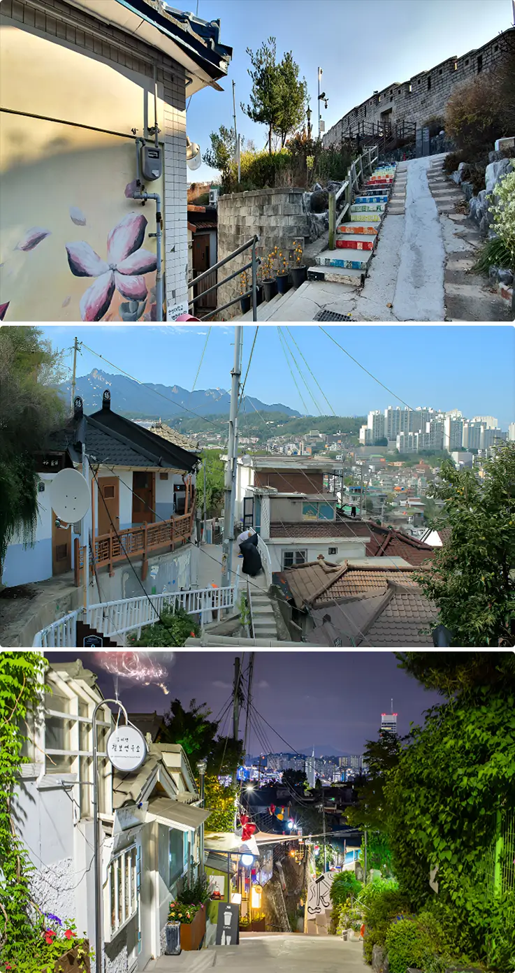 Colorful murals and stairways at Ihwa Mural Village in the day and at night