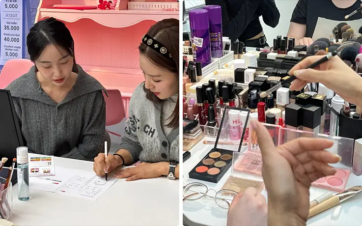 Professional makeup consultation and hands-on K-beauty product coaching session in Hongdae studio.