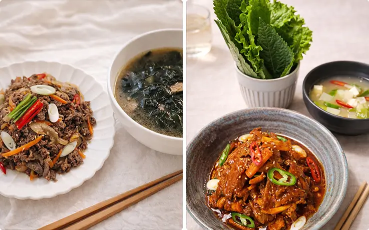 Beef bulgogi, spicy pork stir-fry, and soybean paste soup at K-Harmony in Seoul