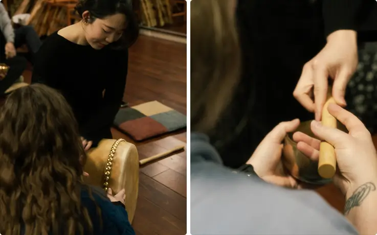 Hands-on janggu lesson teaching traditional Korean drum rhythm and technique closely.