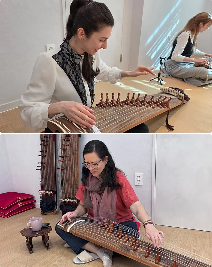 People enjoying 50-minute gayageum class at K-Harmony in Seoul