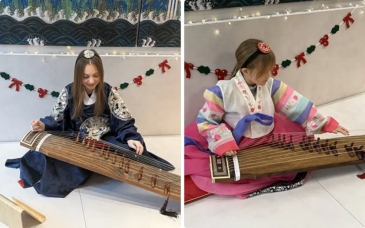 People enjoying 80-minute gayageum class with hanbok at K-Harmony in Seoul