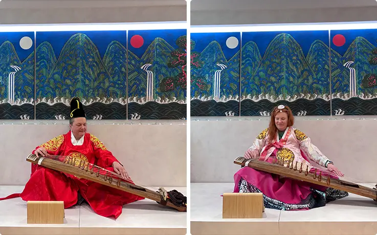 People enjoying 80-minute gayageum class with hanbok at K-Harmony in Seoul