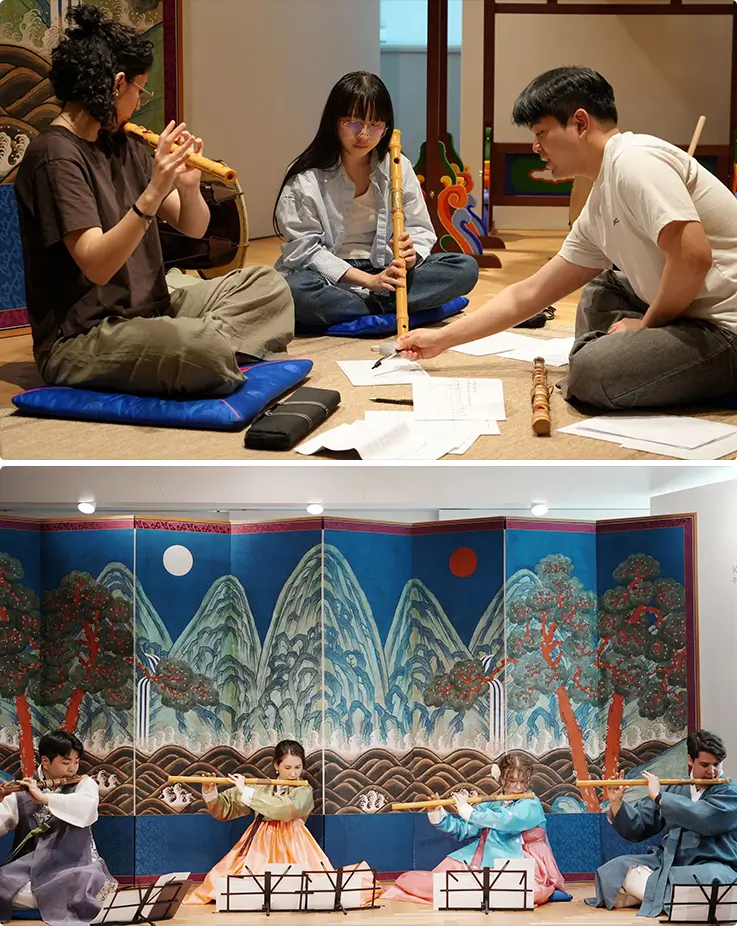 People enjoying 80-minute daegeum class with hanbok at K-Harmony in Seoul