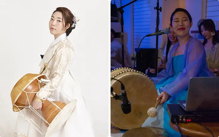Korean woman in elegant hanbok poses and performs live janggu drum music.