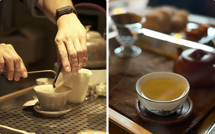 Hands skillfully pouring traditional Korean tea into elegant ceremonial teaware for guests.