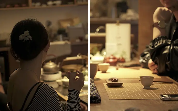 Guests mindfully savoring tea in intimate Korean traditional tea ceremony studio setting.