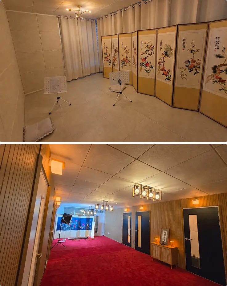 The academy's practice room and hallway showcase traditional Korean interior design elements.
