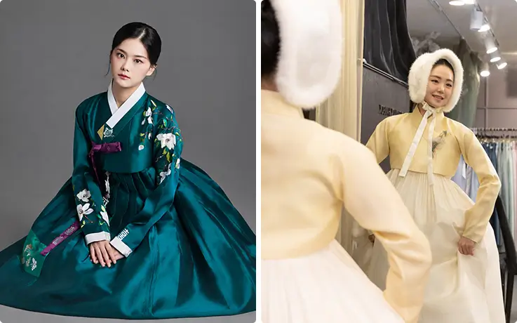 A guest tries on a teal floral hanbok and cozy winter option.