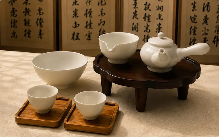 Traditional white ceramic teaware set on a wooden table for tea ceremony.