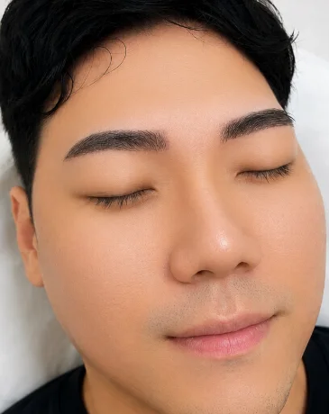 After men’s eyebrow PMU showing full, natural brows with clean, polished definition.