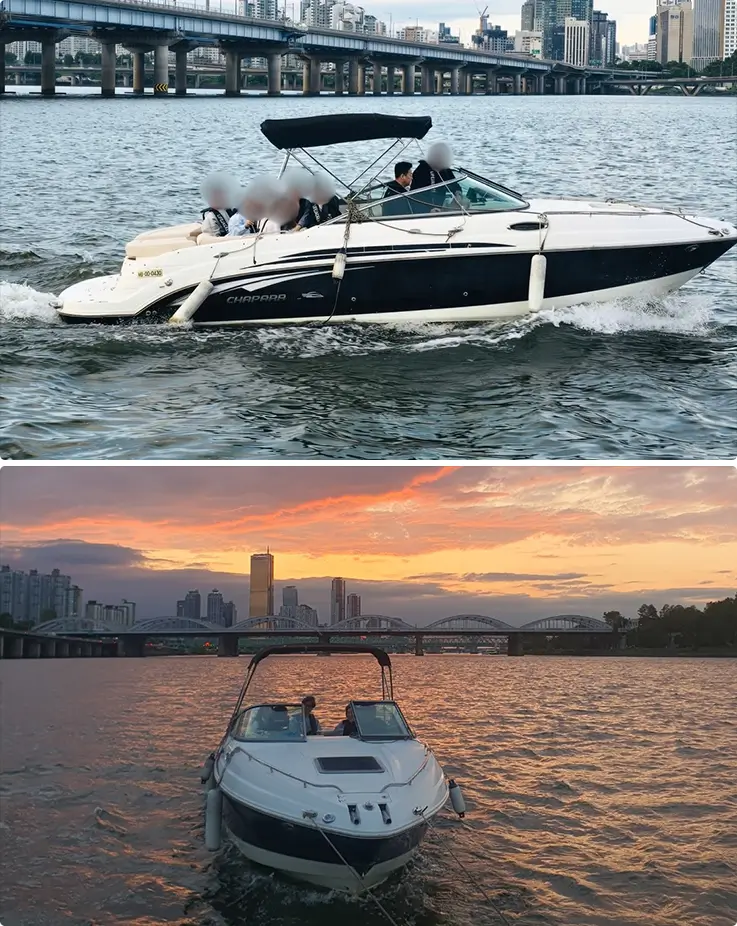 Sleek black-and-white powerboat cutting through the Han River in daylight and against a fiery Seoul sunset skyline.