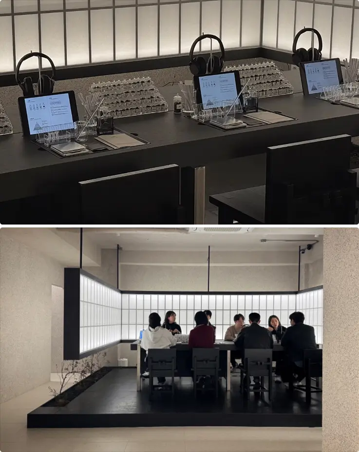 Luxurious facilities and people enjoying perfume/diffuser making at Muhwawon Perfume Studio in Seoul